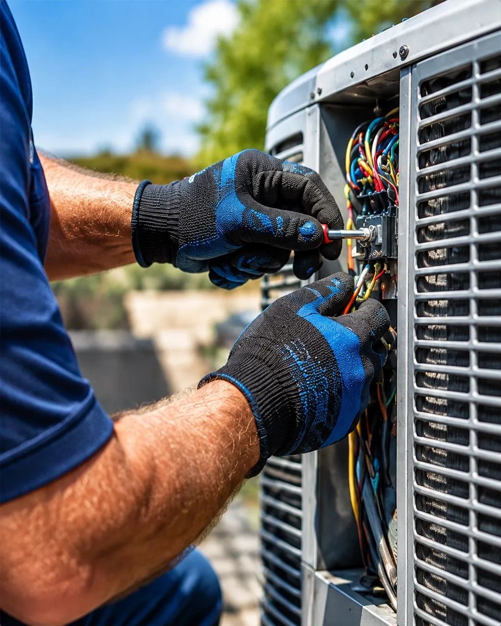 HVAC technician repairing the wiring inside an outdoor air conditioning unit